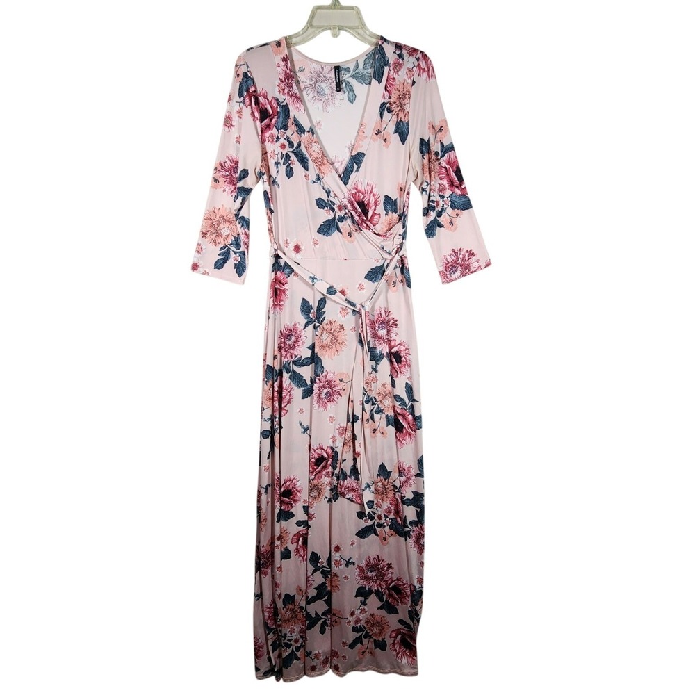 Janette Womens L Pink Floral Faux Wrap Maxi Dress Modest Boho USA Cottagecore